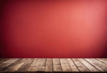 Poster - Light red background with an empty wooden table and plenty of room for your branding and copy. Use as a montage for a product display. Vintage style concept