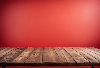Poster - Light red background with an empty wooden table and plenty of room for your branding and copy. Use as a montage for a product display. Vintage style concept