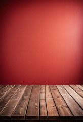 Poster - Light red background with an empty wooden table and plenty of room for your branding and copy. Use as a montage for a product display. Vintage style concept