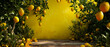 Lemon trees and fruits composition with copy space, sunlight shadows Garden exterior concept. landscape design mockup.  Plants decoration on the backyard facade. Generative ai