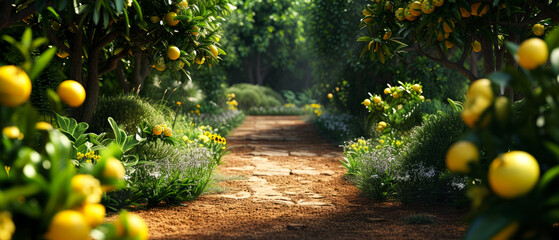 Wall Mural - Fairy garden with lemon trees and fruits.  Beautiful summer exterior mockup. backyard, patio with orchard view. generative ai.