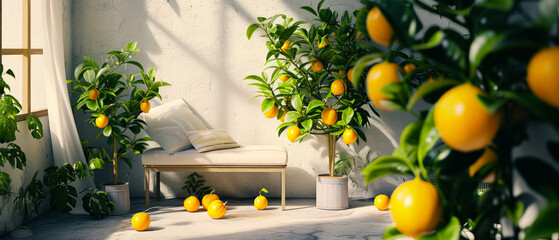 Poster - Contemporary minimal interior mockup with yellow lemons composition. Generative ai