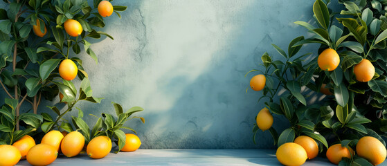 Wall Mural - Lemon trees and fruits composition with copy space, sunlight shadows Garden exterior concept. landscape design mockup. Plants decoration on the backyard facade. Generative ai