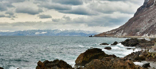 Wall Mural - Hokkaido Coast Panorama Japan Winter Clouds Rough sea