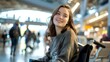 © Irina Ukrainets - Young woman in a wheelchair at an airport smiling at the camera, showcasing accessibility. Capturing an inclusive travel lifestyle. AI