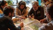 A diverse group of individuals gathered around a table, engaged in discussion while looking at a map during an urban planning workshop
