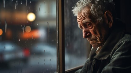 Solitude Serenity: Elderly Man Contemplates Rainy Day