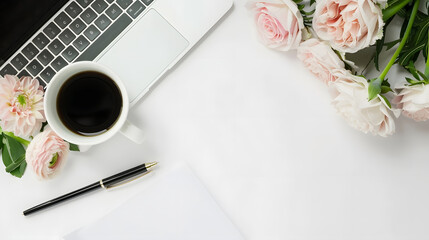 Aufkleber - White desk  with Laptop blank notepad flower coffee cup and pen Flat lay top view copy space : Generative AI