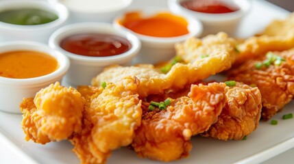 Wall Mural - A closeup of gourmet chicken tenders on a white plate with various fried foods and colorful dipping sauces