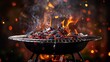 A low-angle view highlighting the hot coals and flames on a BBQ grill