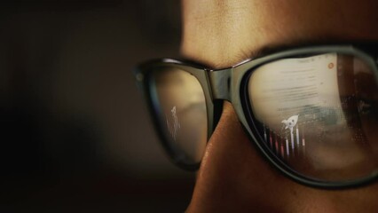 Poster - The search for information on the Internet is reflected in glasses and animated cg footage appears on the glasses with a Chinese candlestick chart and a flying rocket as a symbol of financial success