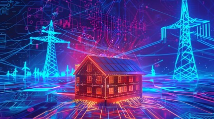 Futuristic Energy Network Surrounds a House, Digital Artwork of Smart Grid Technology. Vibrant Neon Colors Illustrate Innovation in Electricity Distribution. AI