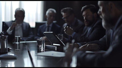 Poster - He takes his tablet into every meeting Shot of a group of businesspeople meeting in the boardroom : Generative AI