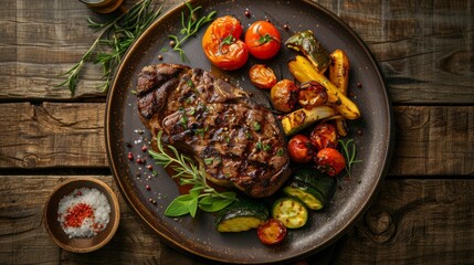 Sticker - A plate on a wooden table displays a perfectly cooked ribeye steak accompanied by roasted vegetables
