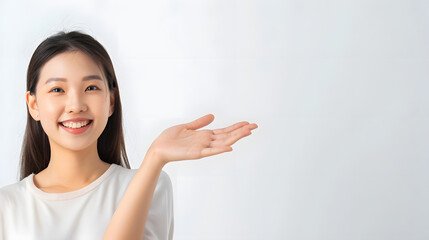Aufkleber - Confident smile asian woman raised up hand on empty standing on white background Excited joy young girl showing copy space on hand presenting product over isolated Advertisement presen : Generative AI
