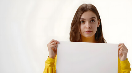 Wall Mural - emotional young woman showing empty signboard with copy space isolated on white : Generative AI