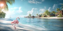 A Vivid Image With A Pink Flamingo On A Pristine Beach With Clear Blue Water, Palm Trees, And Overwater Bungalows In The Distance