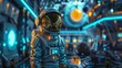 Alien astronaut exploring a futuristic school in outer space