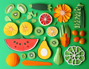 Wall Mural - Assorted fruits and vegetables in paper cutout shapes on vibrant green background, creative concept design for healthy eating and nutrition