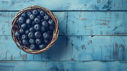 Poster - Ripe blueberries in a wicker bowl on a blue rustic wooden table Flat lay shot Harvesting and healthy nutrition and vitamins concept background with copy space : Generative AI