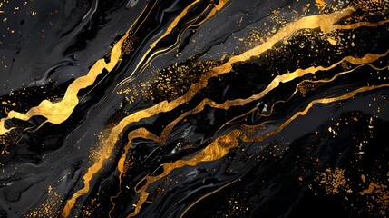 Sticker - Abstract Golden Swirls on a Luxurious Black Backdrop. Modern and Artistic Background, Suitable for Design and Wallpaper Purposes. AI