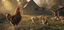 A Proud Rooster Stands In Front Of A Flock Of Hens With An Old Barn In The Backdrop, Evoking Rural Farm Life