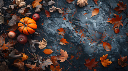 Aufkleber - Thanksgiving and Autumn decoration concept made from autumn leaves and pumpkin on stone background Flat lay top view with copy space : Generative AI