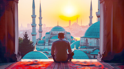 Young man reading the Quran in front of an ancient mosque at sunrise, with blue dome and white spires visible through the window.