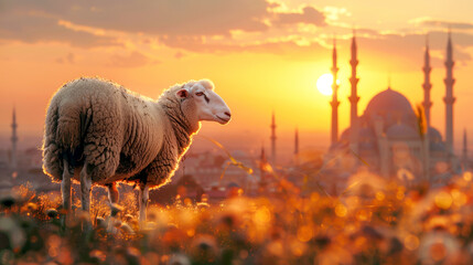 Cute sheep sitting on the carpet in a mosque at sunset. The concept of the holy month of Ramadan, with sharp focus.