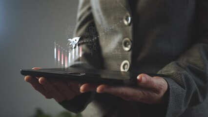 Poster - Sustainable financial growth is characterized by a flying rocket above the chart and Chinese candlesticks above the tablet in the hands of a businesswoman. Cg