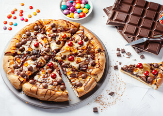 Wall Mural - Sweet Brazilian pizza with a chocolate and dragee candies on the white table