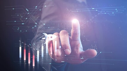 Poster - A businessman points a finger with a light dot at a financial growth chart made from Chinese candlesticks, the speed of which is characterized by a flying rocket. Cg