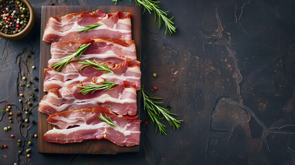 Aufkleber - bacon slices fresh meat product pork eating cooking appetizer meal food snack on the table copy space food background rustic top view : Generative AI