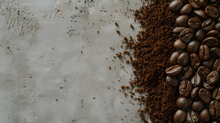 Poster - Roasted coffee beans and ground coffee on  gray background  Copy space Directly above : Generative AI