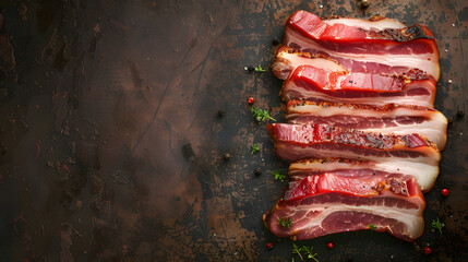 Aufkleber - bacon slice fresh meat strips pork cooking appetizer meal food snack on the table copy space food background rustic top view : Generative AI