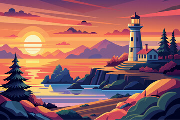 Wall Mural - Sunset Lighthouse Landscape cartoon vector Illustration flat style artwork concept