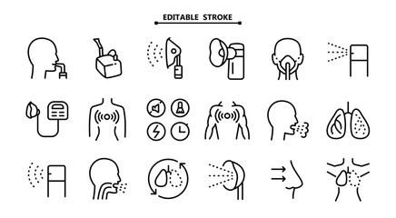 Nebulizer signs collection. Editable stroke. Medical equipment for inhalation in the diseases, asthma, bronchitis. Vector set of nebulizers of different types. Vector illustration. Healthcare symbol