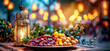 lantern and dates fruit on the table with bokeh background for Ramadan kareem concept, Iftar dinner party or festival celebration greeting card banner template design.