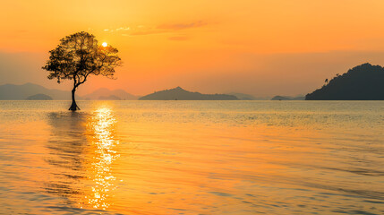 Scenic view of sea with sunset orange dusk sky at peaceful bay with lonely tree in the middle of water and layer islands Koh Mak Island Trat Thailand Minimal panorama background with c : Generative AI