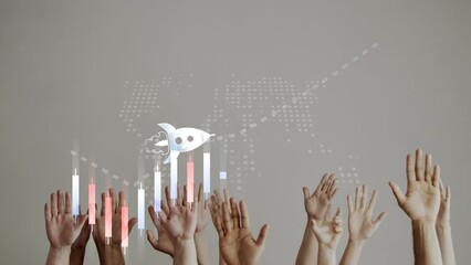 Poster - Sustained financial growth is characterized by a flying rocket above the chart and Chinese candlesticks above the hands that stretch upward. Cg