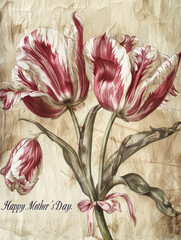 Wall Mural - Tulip flowers on old paper background. Watercolor painting. Mother's day greeting card.
