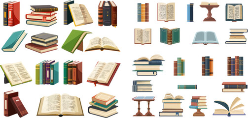 Aufkleber - Flat book icons. Library books, open dictionary page and encyclopedia on stand