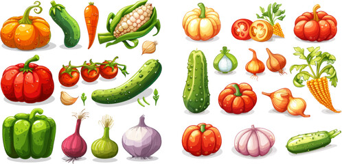 Canvas Print -  Fresh farm food highly detailed cartoon game asset of tomatoes potato pumpkin corn carrot onion cucumber