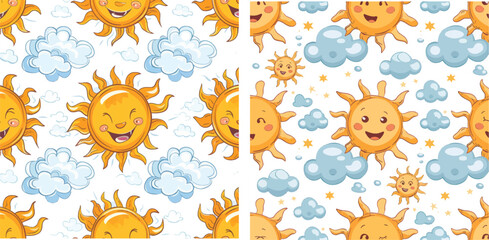 Poster -  Print for nursery with summer sunny day sky with clouds. Cute baby sunshine with funny