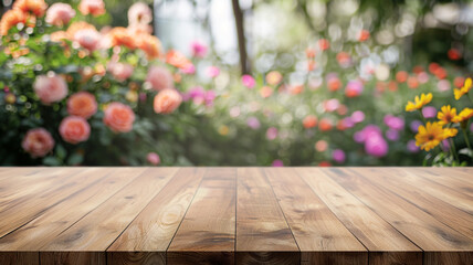 Sticker - Wood table top on blur flower garden background