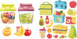 Sandwich and snacks packed in schoolkid meal break bag isolated icons set