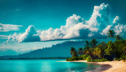 Wall Mural - Artistic fluffy clouds vacation and travel holiday on digital art concept.