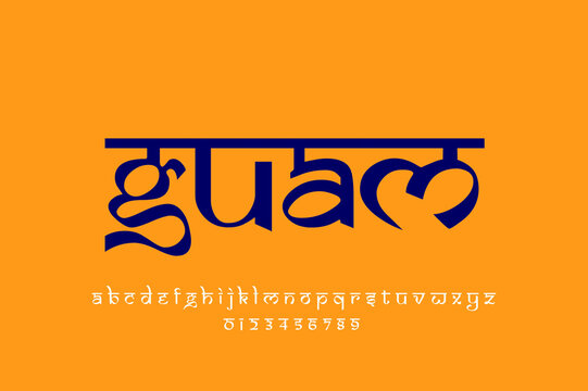 Country Guam text design. Indian style Latin font design, Devanagari inspired alphabet, letters and numbers, illustration.