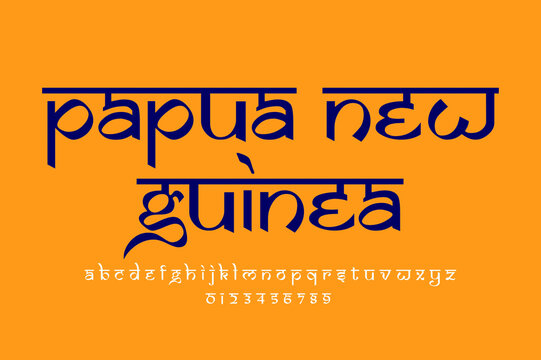 Country Papua New Guinea text design. Indian style Latin font design, Devanagari inspired alphabet, letters and numbers, illustration.