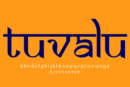 Country Tuvalu text design. Indian style Latin font design, Devanagari inspired alphabet, letters and numbers, illustration.